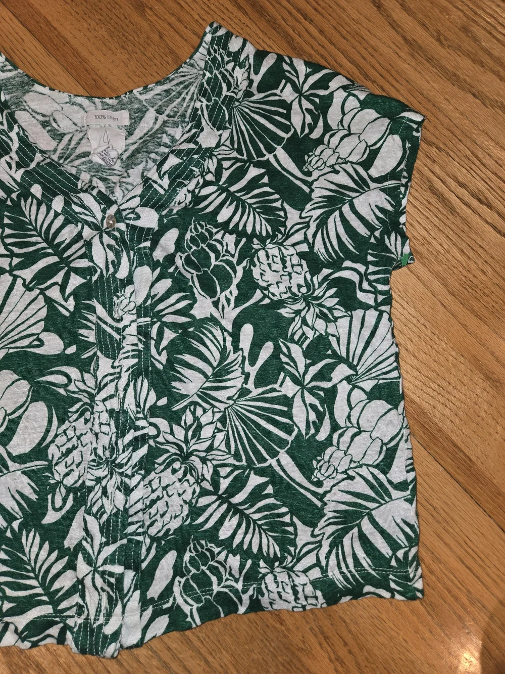 Joie 100% Linen Green White Floral V-Neck Short Sleeve Blouse Size S Coastal